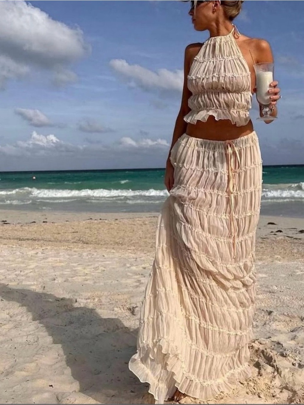 Anthropologie Mable Cream Smocked Halter Maxi Skirt Set Size Small